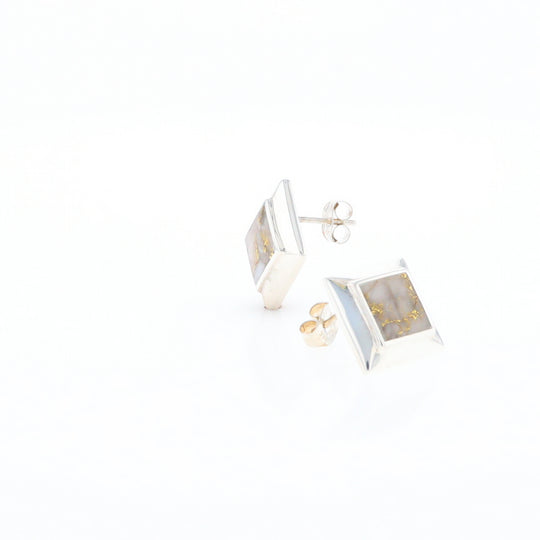 Sterling Silver Gold Quartz Inlaid Square Stud Earrings - G3