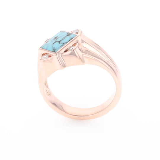 Natural Turquoise ring diamond shape inlaid design with .16ctw round diamonds