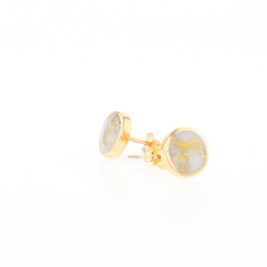 Gold Quartz Earrings 9mm Round Inlaid Studs - G2