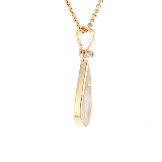 Gold Quartz Necklace Tear Drop Inlaid Pendant with .02ct Diamond