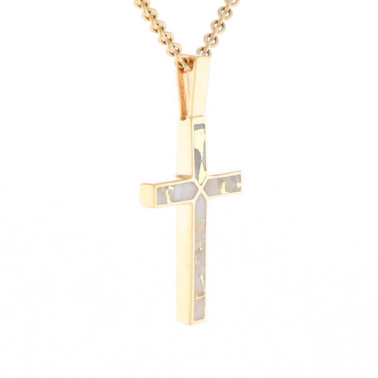 Gold Quartz Necklace 4 Section Inlaid Design Cross Pendant