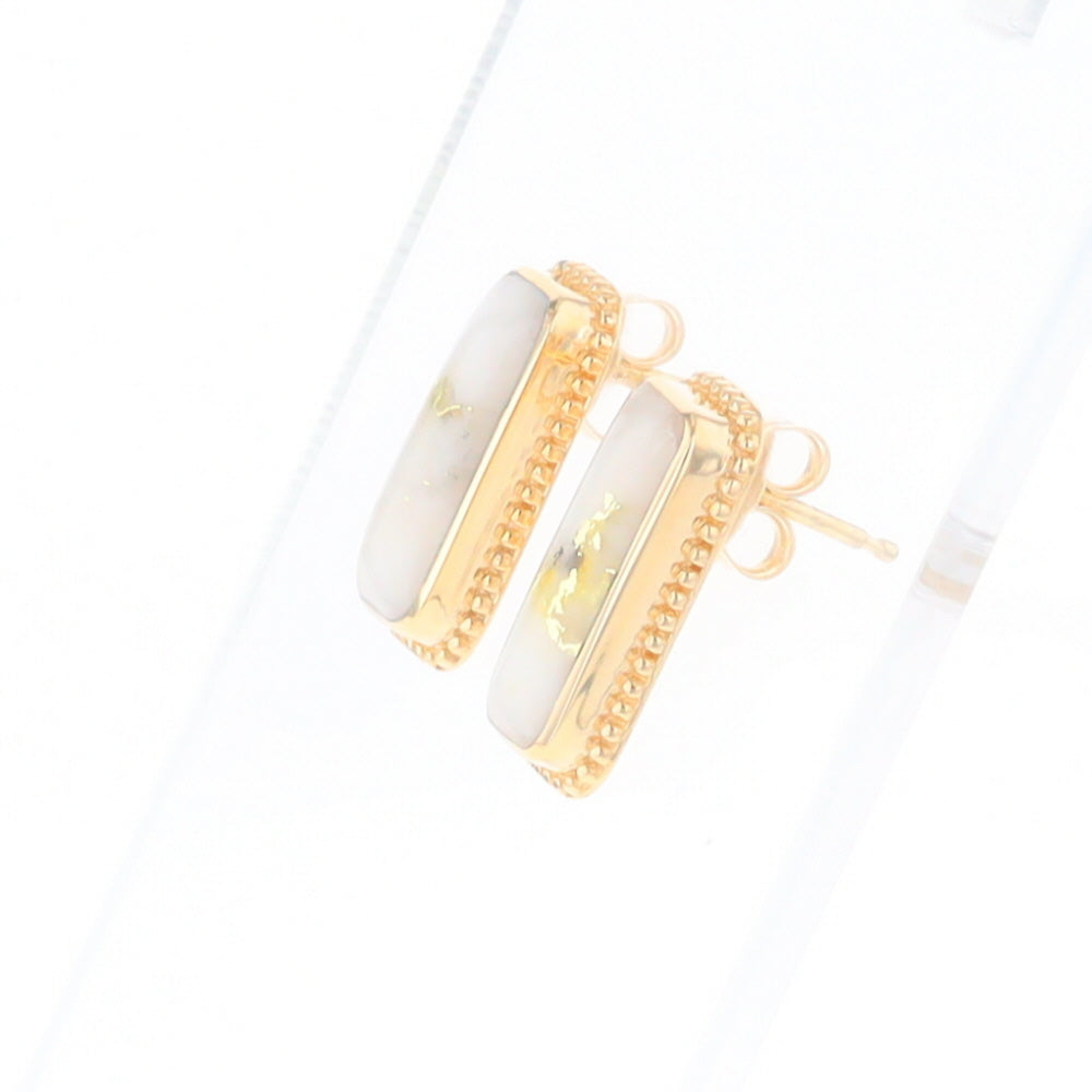 Gold Quartz Earrings Rectangle Inlaid Milgrain Design - G2