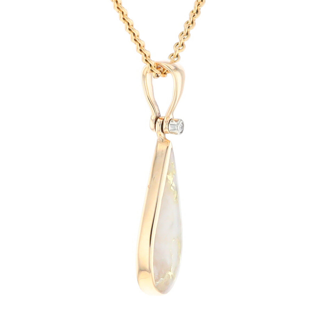 Gold Quartz Necklace Tear Drop Inlaid Pendant with .02ct Diamond