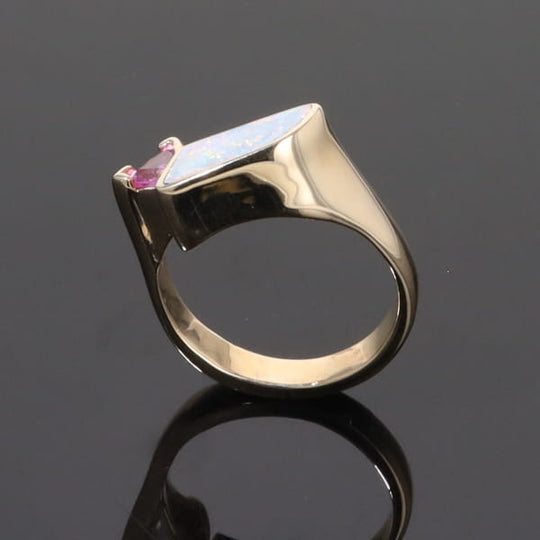 Opal Rings Geometric Inlaid with Pink Sapphire and .08ctw Diamonds