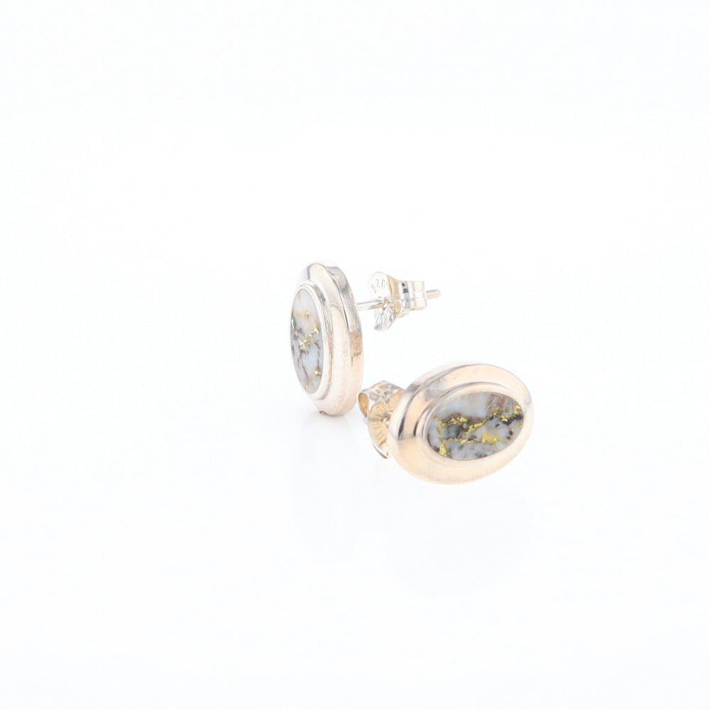 Sterling Silver Gold Quartz Inlaid Oval Stud Earrings - G3