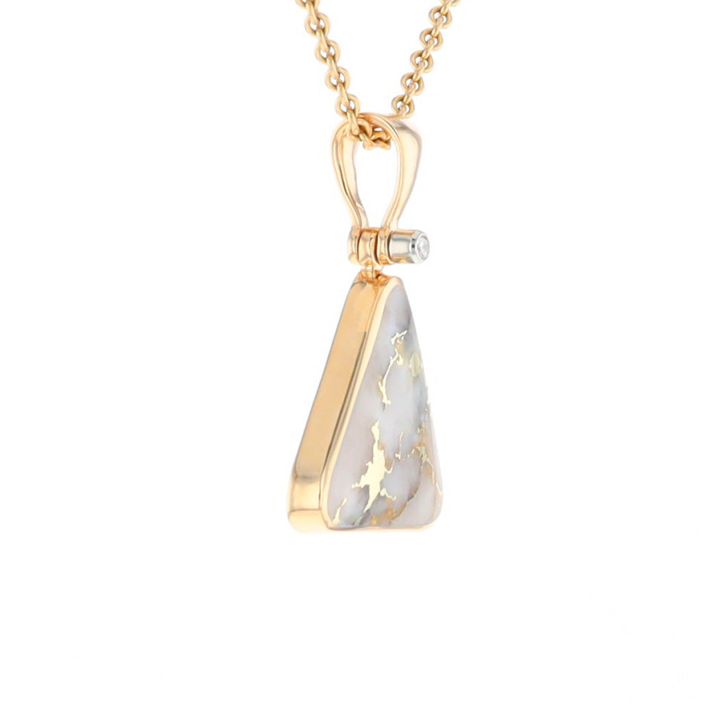 Gold Quartz Necklace Triangle Inlaid Pendant with .02ct Diamond