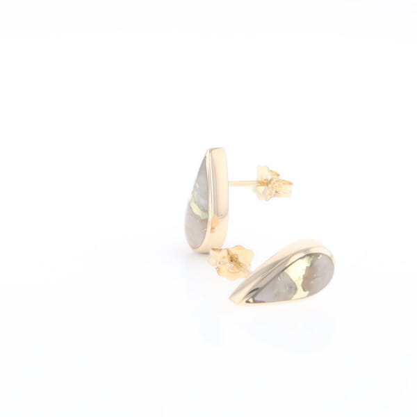 Gold Quartz Earrings Tear Drop Inlaid Studs