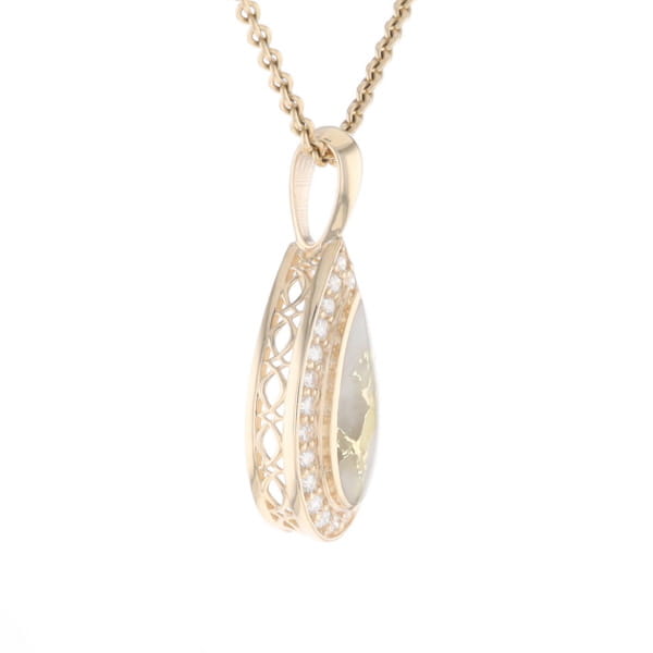 Gold Quartz Pendant Tear Drop Inlaid .42ctw Diamond Halo Design