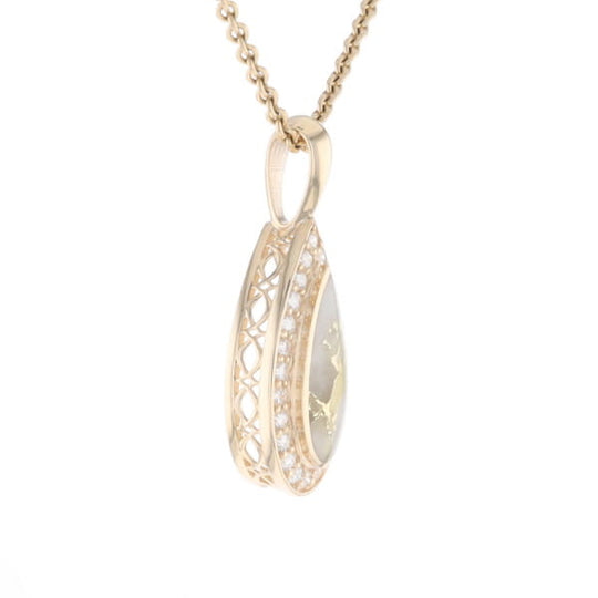 Gold Quartz Pendant Tear Drop Inlaid .42ctw Diamond Halo Design