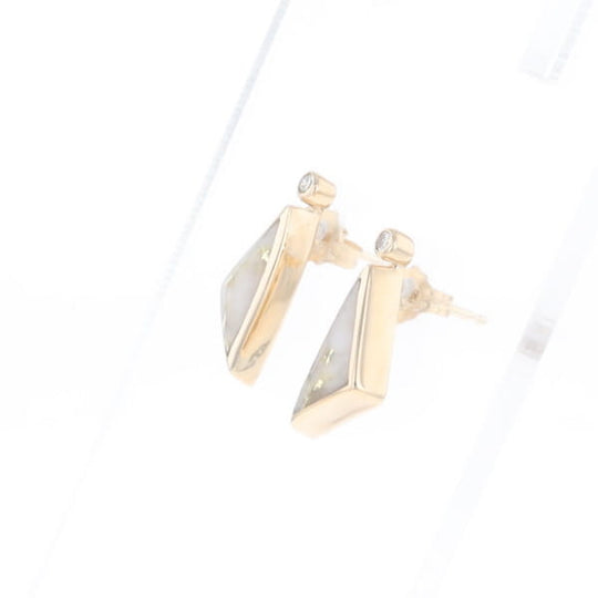 Gold Quartz Earrings Triangle Shape Inlaid with .04ct Round Diamonds - G2