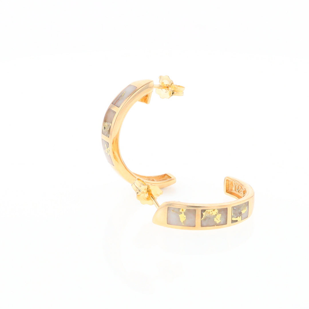 Gold Quartz Hoop Earrings 3 Section Inlaid Design