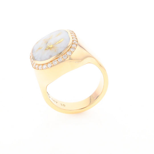 Gold Quartz Cushion Inlaid Men's Ring with Diamond Halo