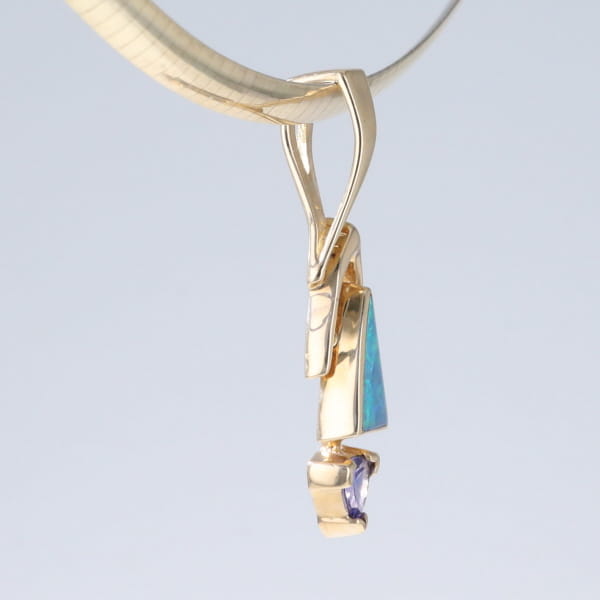 Opal Pendant Triangle Inlaid Design with Trillion Cut Tanzanite
