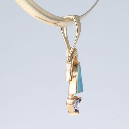 Opal Pendant Triangle Inlaid Design with Trillion Cut Tanzanite