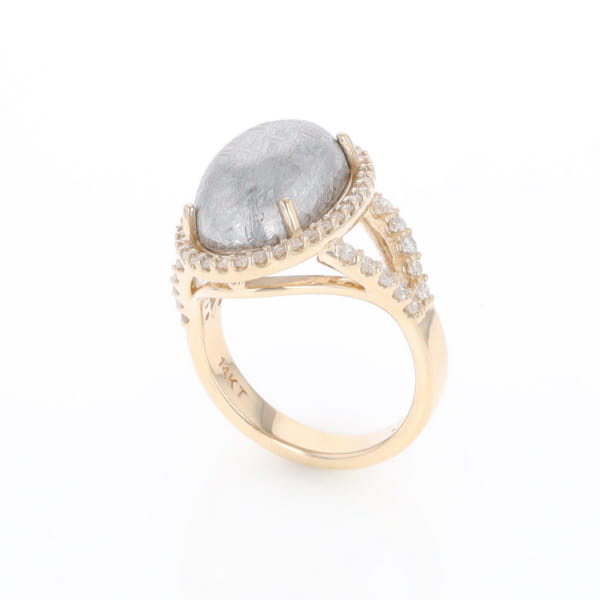 Meteorite Ring Oval Cabochon 0.65ctw Round Diamonds Halo