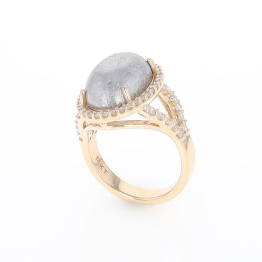 Meteorite Ring Oval Cabochon 0.65ctw Round Diamonds Halo