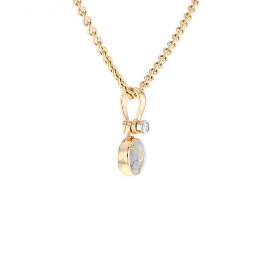 Gold Quartz Necklace Round Inlaid Pendant with .02ct Round Diamond