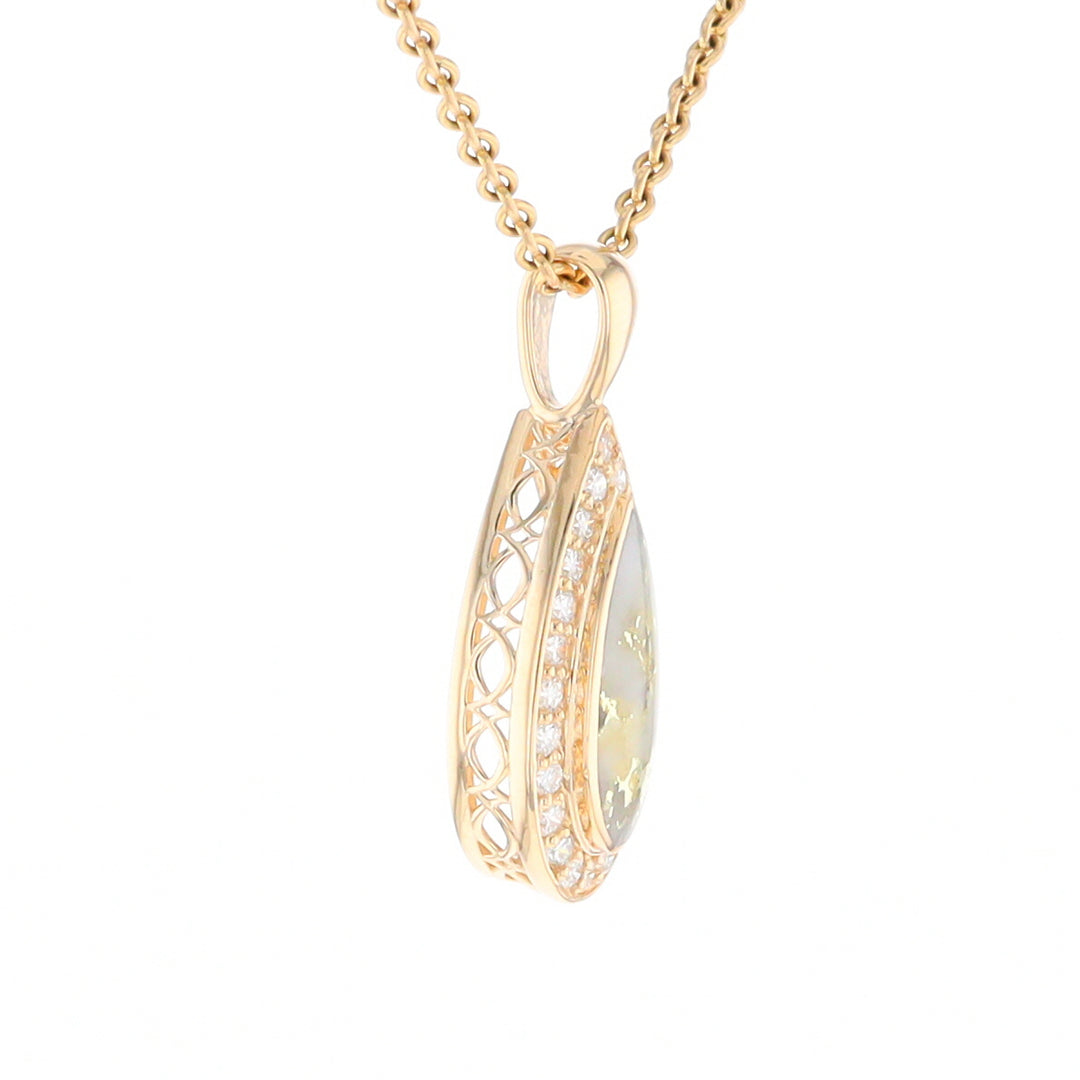 Gold Quartz Pendant Tear Drop Inlaid .42ctw Diamond Halo Design