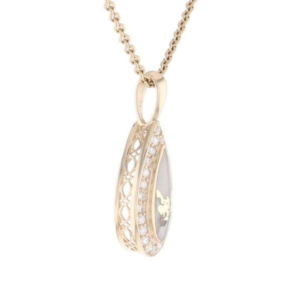 Gold Quartz Pendant Tear Drop Inlaid .42ctw Diamond Halo Design