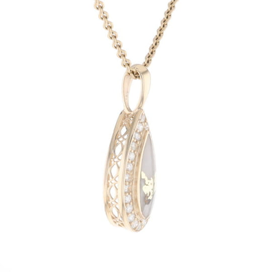 Gold Quartz Pendant Tear Drop Inlaid .42ctw Diamond Halo Design