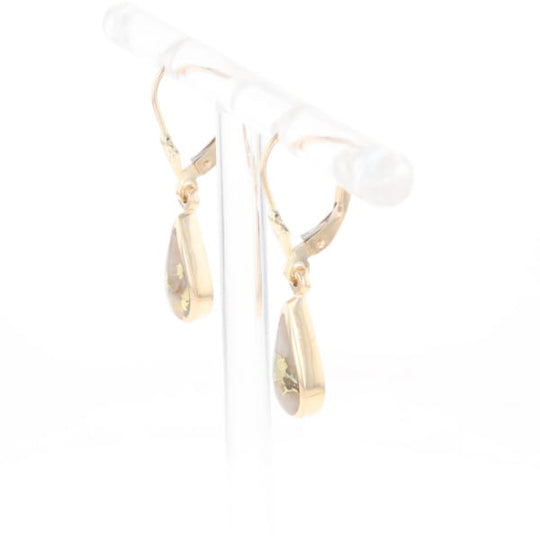Gold Quartz Earrings Tear Drop Inlaid Lever Backs - G3