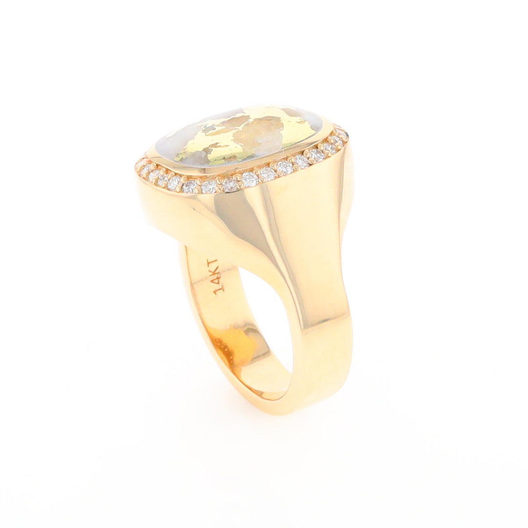 Gold Quartz Cushion Inlaid Men's Ring with Diamond Halo