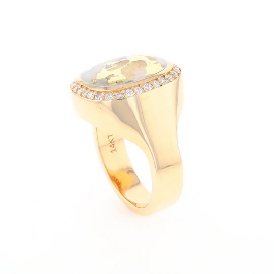 Gold Quartz Cushion Inlaid Men's Ring with Diamond Halo