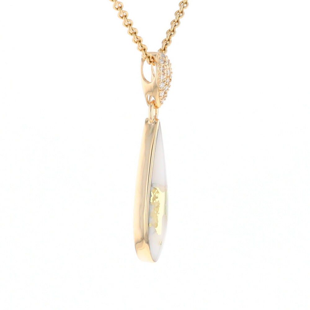 Gold Quartz Necklace, Tear Drop Inlaid Design with 0.11ctw Diamond Pave Pendant G2