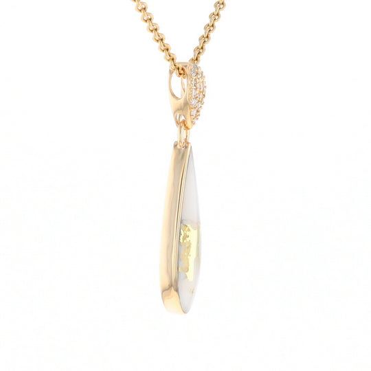 Gold Quartz Necklace, Tear Drop Inlaid Design with 0.11ctw Diamond Pave Pendant G2