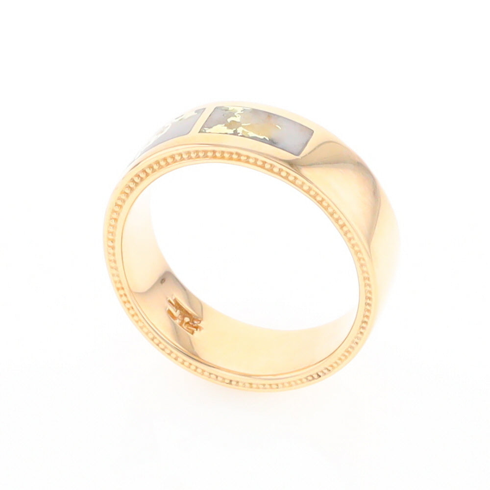 Gold Quartz Ring 3 Section Rectangle Inlaid Band with Milgrain Design