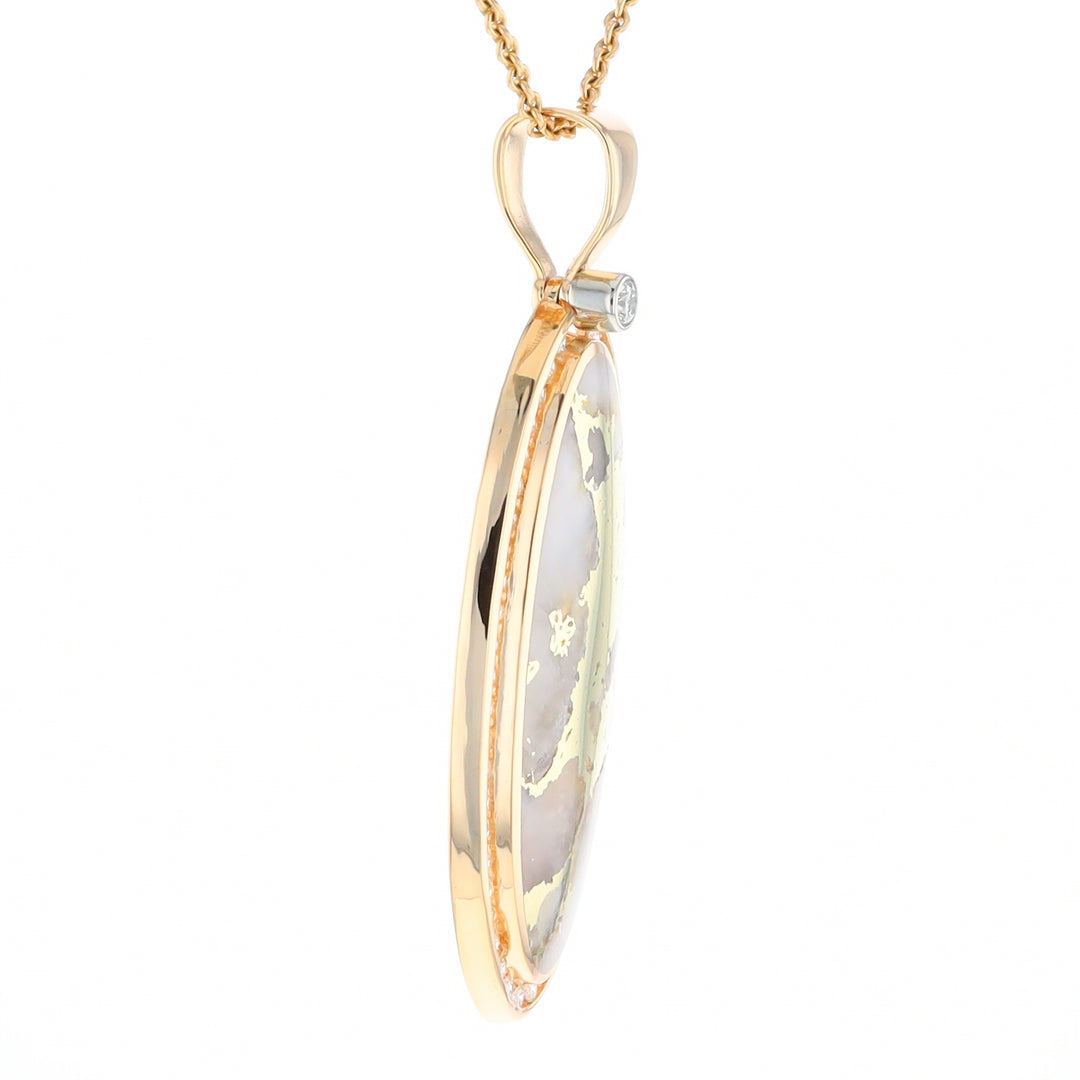 Gold Quartz Necklace 0.96ctw Halo Diamond Oval Inlaid Pendant