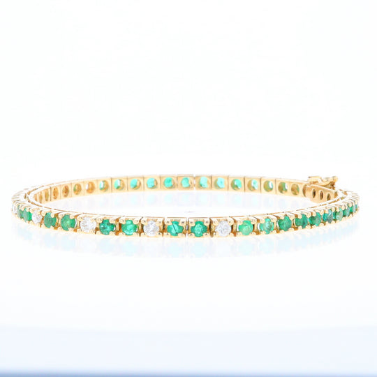 14Kt Yellow Gold Emeralds & Diamond Accent Tennis Bracelet