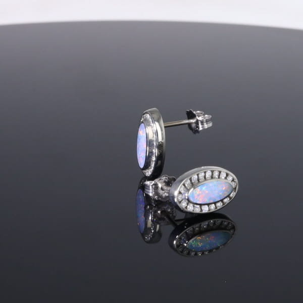 Opal Earrings Oval Inlaid with .25ctw Round Diamond Halo Studs