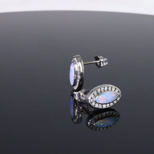 Opal Earrings Oval Inlaid with .25ctw Round Diamond Halo Studs