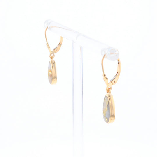 Gold Quartz Earrings Tear Drop Inlaid Lever Backs