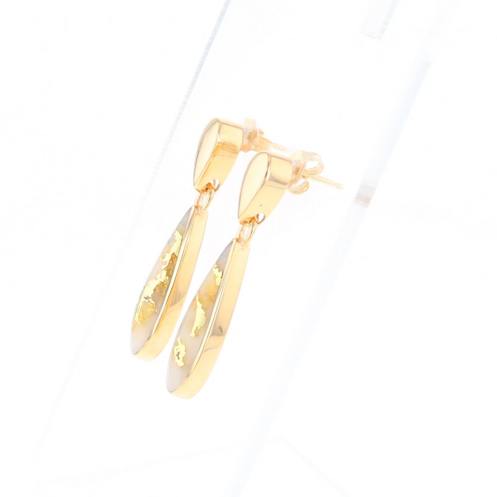 Gold Quartz Earrings Tear Drop Inlaid Design