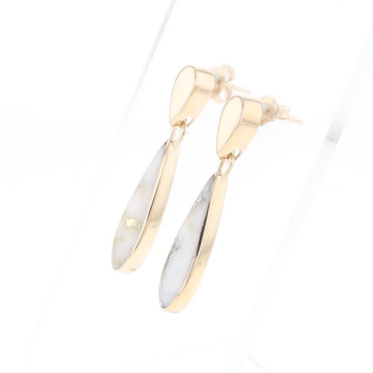 Gold Quartz Earrings Tear Drop Inlaid Design
