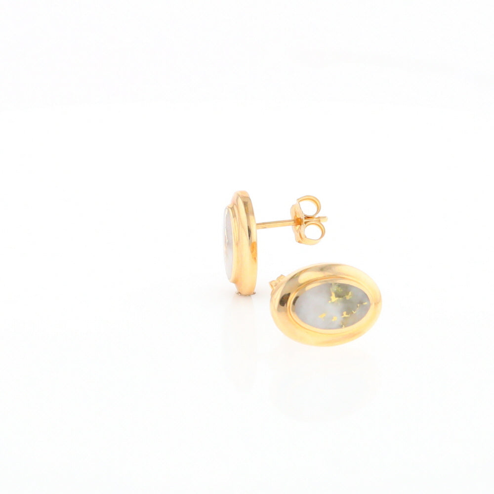 Gold Quartz Earrings Oval Inlaid Design Studs G2