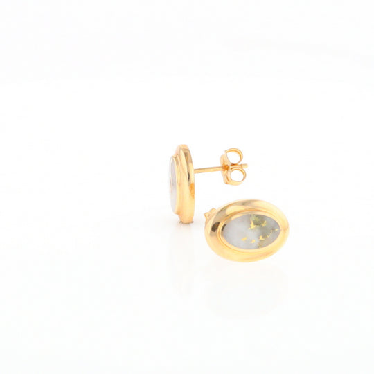 Gold Quartz Earrings Oval Inlaid Design Studs G2