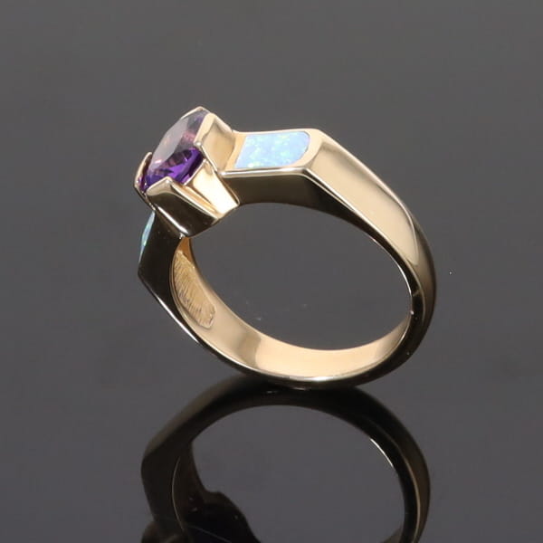 Opal Rings 2 Section Inlaid Design with Oval Amethyst Center