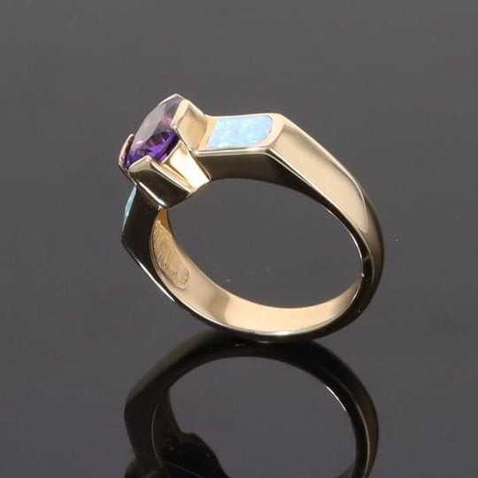 Opal Rings 2 Section Inlaid Design with Oval Amethyst Center
