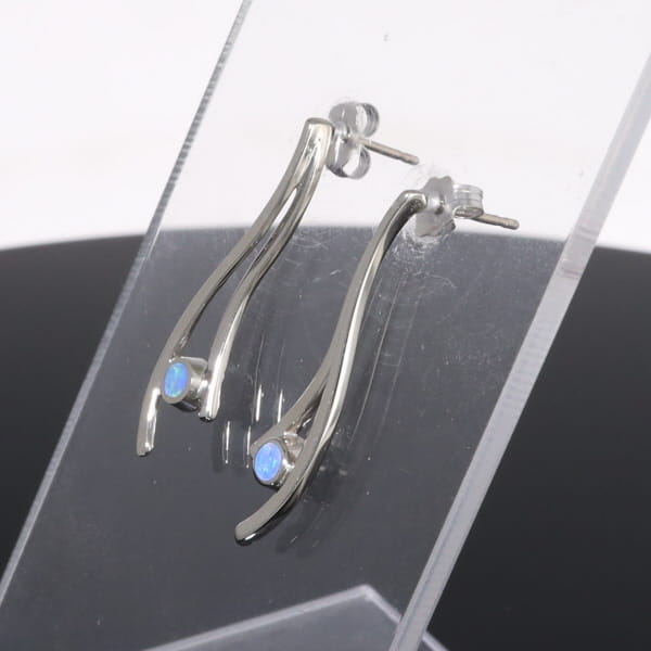 Opal Earrings Round Inlaid Double Curved Bar Design Studs