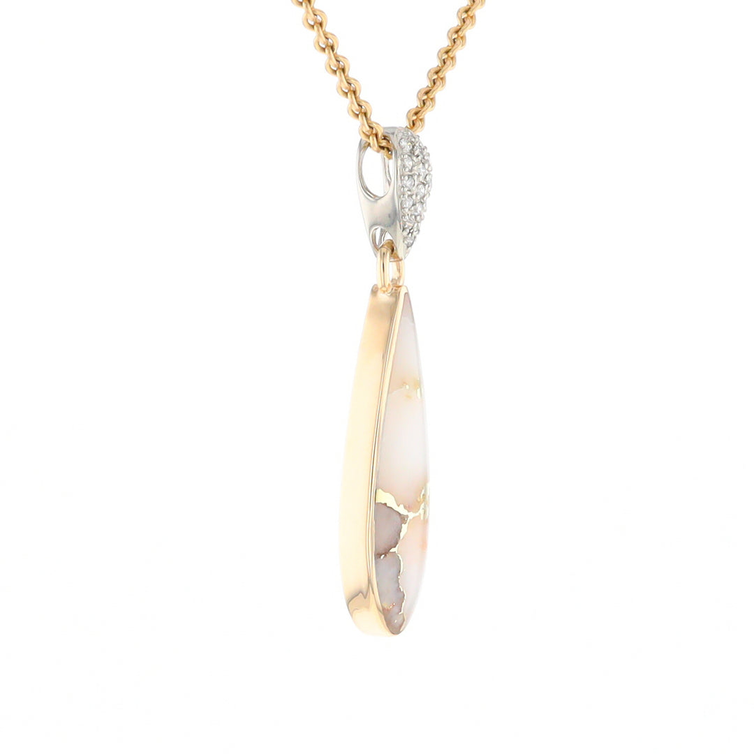 Gold Quartz Necklace, Tear Drop Inlaid Design with .11ctw Diamond Pave Pendant