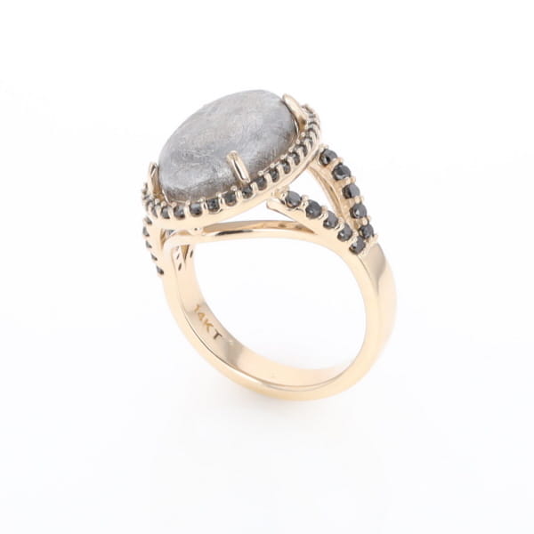 Meteorite Ring Oval Cabochon 0.65ctw Round Black Diamonds Halo