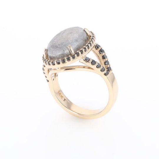 Meteorite Ring Oval Cabochon 0.65ctw Round Black Diamonds Halo