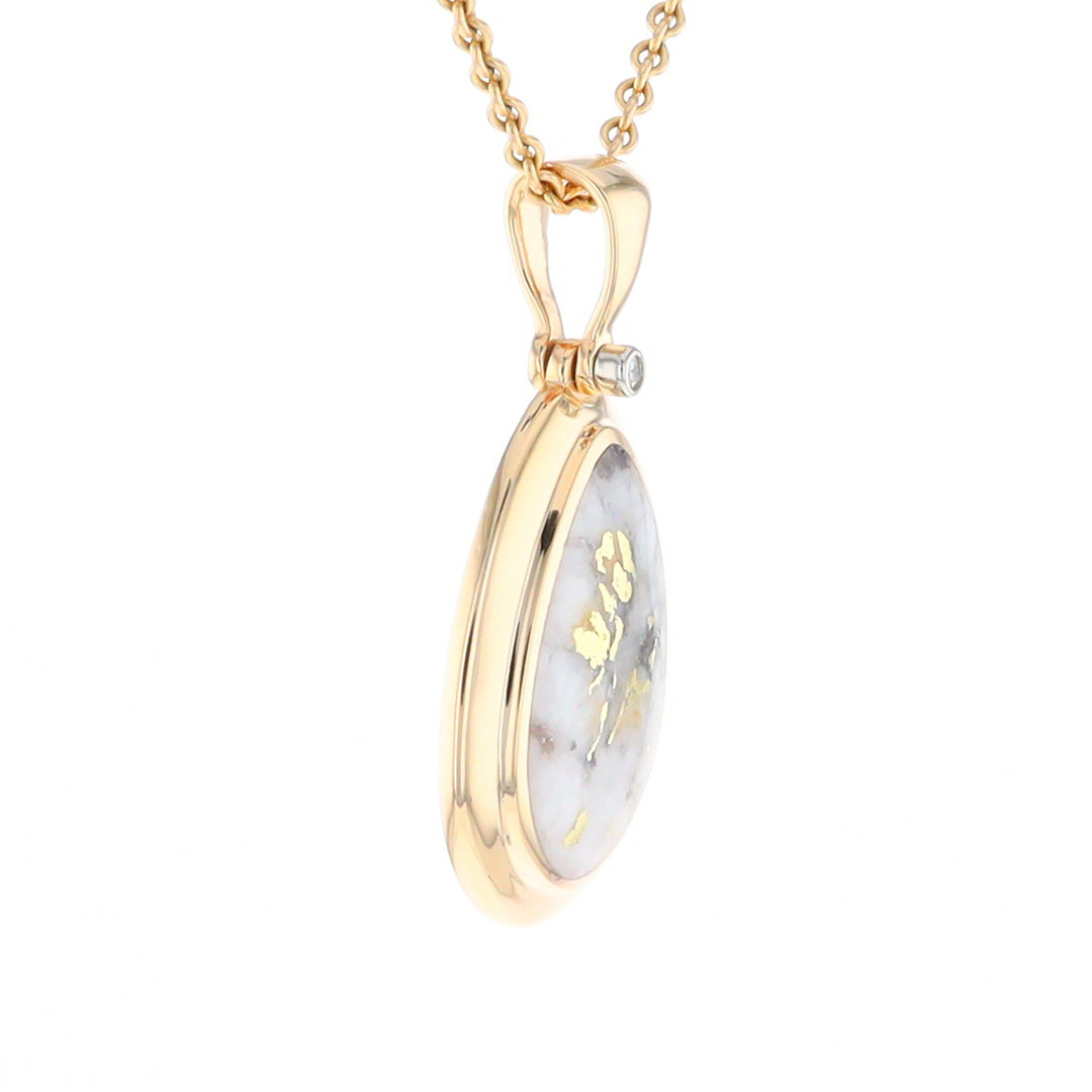 Gold Quartz Necklace Pear Shape Inlaid Pendant with .02ct Diamond