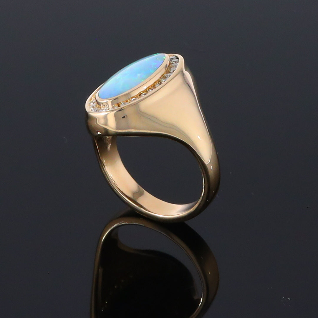 Opal Rings Oval Inlaid Design with .36ctw Round Diamonds Halo