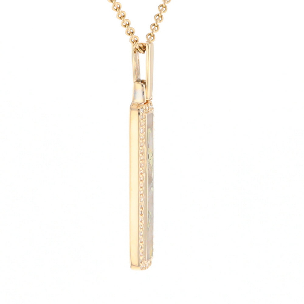 Gold Quartz Necklace, Rectangle Inlaid, .27ctw Diamond Halo Pendant