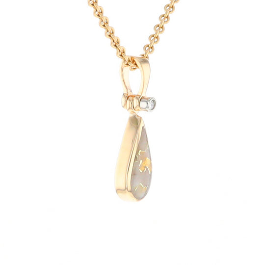 Gold Quartz Pendant Tear Drop Inlaid Design with .02ct Diamond