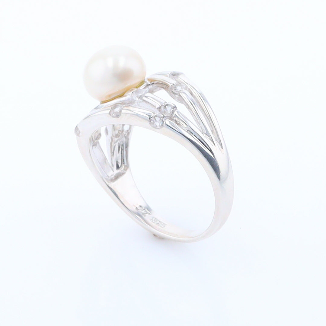 Pearl Bamboo Ring with Cubic Zirconia Accents